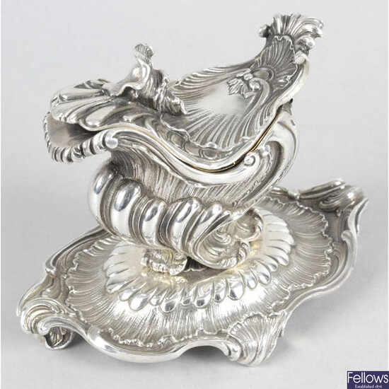 A 19th century French silver mustard or sauce boat on stand, by Maison Odiot.