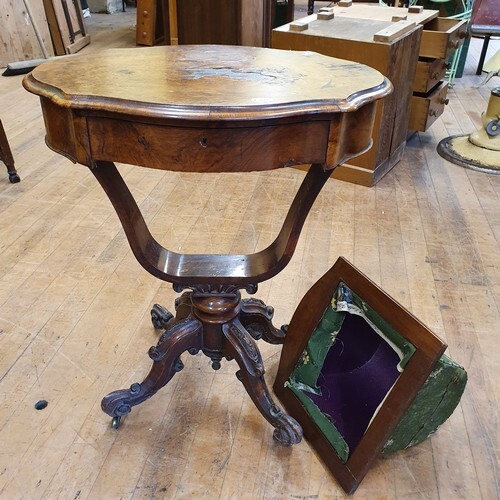A 19th century walnut serpentine front work box, some loss t...