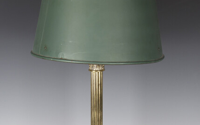 A 20th century brass Corinthian column table lamp base with a tole painted metal shade, height 62cm.