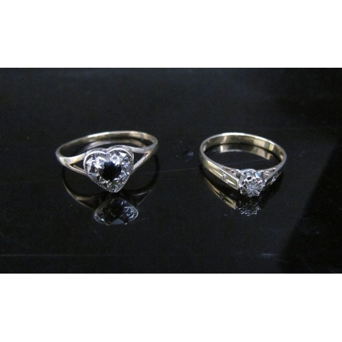 A 9ct gold rings one heart shaped sapphire and diamond, the ...