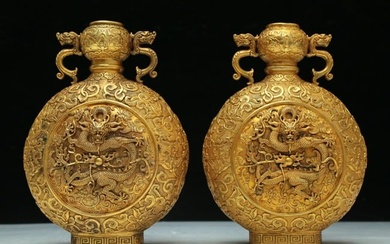 A Brilliant Pair Of Gilt-Bronze 'Dragon& Scrolling Lotus' Vases