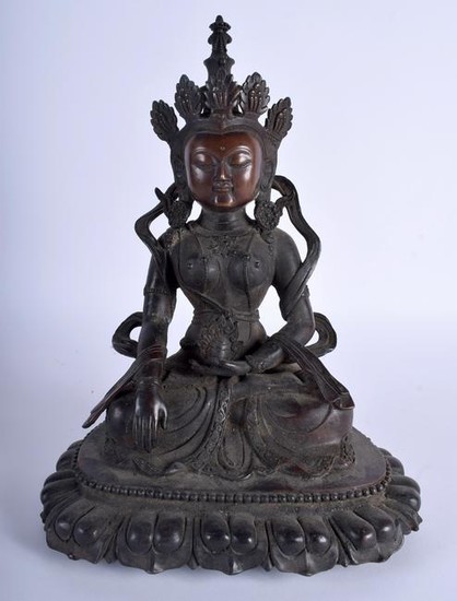 A CHINESE BRONZE BUDDHA OR STATUE, formed seated upon a