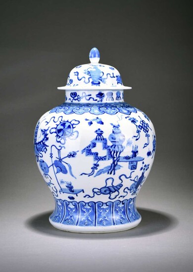 A Chinese blue and white jar and cover, Kangxi six-character mark and possibly period