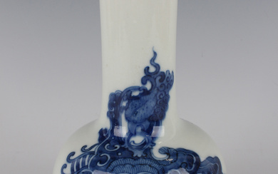 A Chinese blue and white porcelain bottle vase, mark of Kangxi but later, of mallet form, painted wi