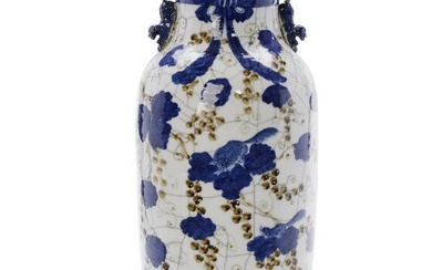 A Chinese crackled glazed vase decorated in blue and sepia with squirrels,...