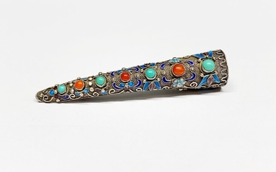 A Chinese enamelled white metal filigree nail guard brooch, L. 8.5cm.