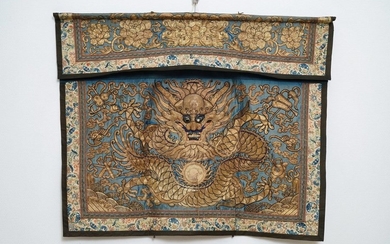 A Chinese gold thread embroidered silk dragon wall...