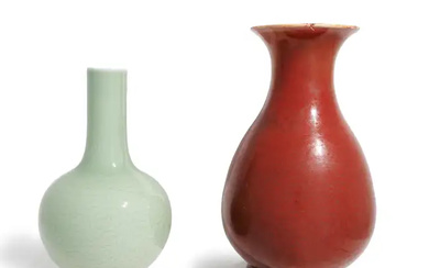 A Chinese monochrome copper red pear shaped vase, yuhuchun, and a celadon...