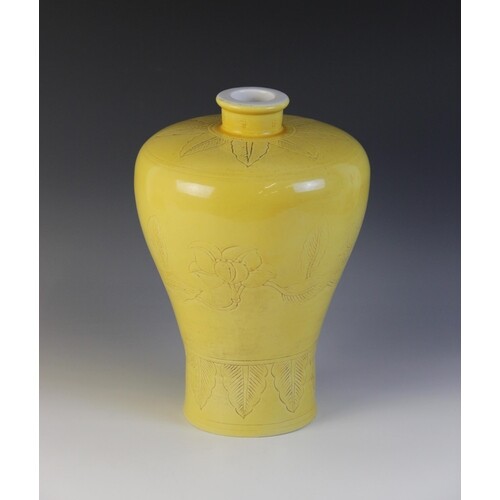 A Chinese monochrome sgrafitto vase, of meiping form with hi...