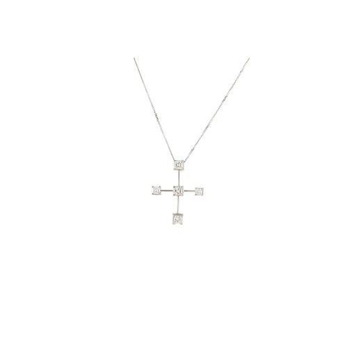 A DIAMOND CROSS PENDANT ON A TRACE CHAIN, mounted in 9ct whi...