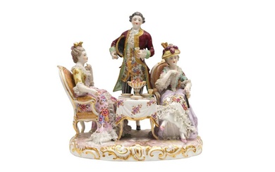 A DRESDEN PORCELAIN FIGURAL GROUP DEPICTING A TEA PARTY, LATE 19TH CENTURY