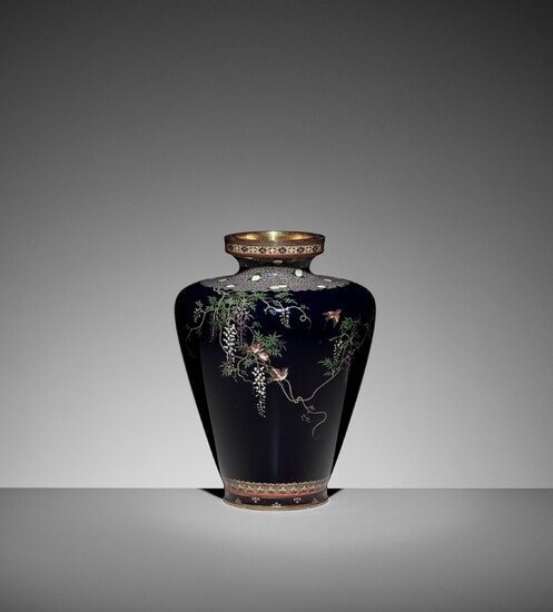 A FINE CLOISONNÉ ENAMEL VASE WITH SPARROWS AND WISTERIA, ATTRIBUTED TO THE WORKSHOP OF HAYASHI...