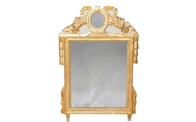 A FRENCH LOUIS XVI STYLE CARVED GILTWOOD AND GREY PAINTED MIRROR, LATE 18TH CENTURY