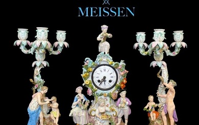 A Fine 19th C. German Meissen Hand Painted Porcelain Figural Clock Set, Hallmarked