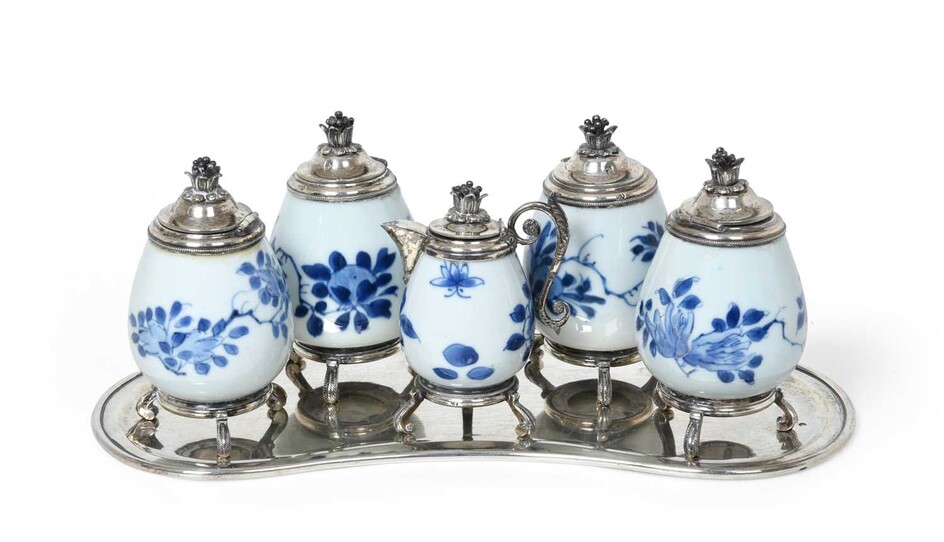 A Five-Piece Ottoman Silver-Mounted Japanese Porcelain Writing-Set and Tray, The Porcelain Edo Period, The Mounts with Tuğra and Sah Mark, Probably Those of Abdulmejid I, Mid 19th Century
