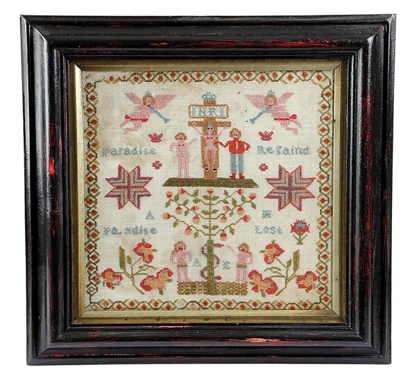 A GEORGE III FOLK ART NEEDLEWORK PARADISE LOST SAMPLER ANONYMOUS, C.1800 worked with coloured wools...