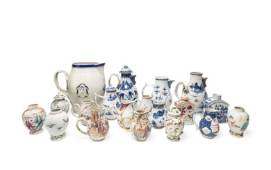 A GROUP OF CHINESE EXPORT PORCELAIN JUGS AND TEA CADDIES QIN...