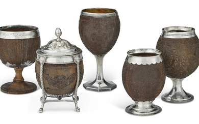 A GROUP OF FIVE BRITISH SILVER-MOUNTED COCONUT CUPS VARIOUS MAKERS, 18TH/19TH CENTURY