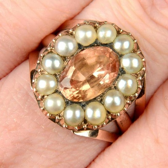 A Georgian gold foil back orange topaz and split pearl cluster ring.Ring size M1/2. 5.5gms.