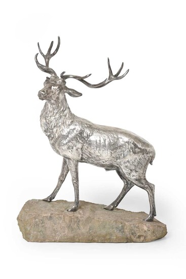 A German Silver Model of a Twelve Point Royal Stag Probably by Neresheimer, Hanau, With English Import Marks for Berthold Hermann Muller, London, 1913