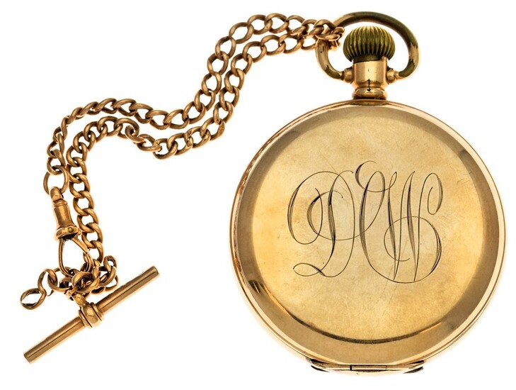 A Gold Full Hunter Pocket Watch by Waltham Rose gold case. Dial signed 'Waltham'. Roman numeral...
