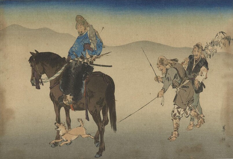 A Japanese woodblock print, early 20th century, depicting a dog at the heels of a horse rider, signed shoson, sheet 27.5 x 18.8cm (unframed)