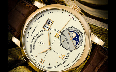 A. LANGE & SÖHNE. A RARE LIMITED EDITION 18K PINK GOLD WRISTWATCH WITH OVERSIZED DATE, POWER RESERVE AND SOUTHERN HEMISPHERES MOON PHASES DISPLAY GRAND LANGE 1 LUNA MUNDI, REF. 119.032