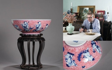 A LARGE BLUE AND WHITE FAMILLE ROUGE EIGHT IMMORTALS BOWL