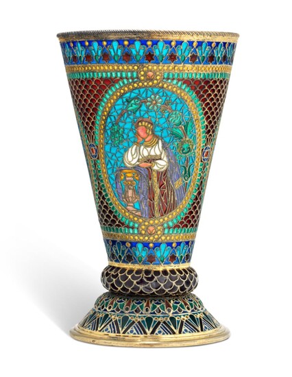A LARGE PLIQUE-À-JOUR ENAMEL SILVER-GILT GOBLET, MARKED P. OVCHINNIKOV WITH IMPERIAL WARRANT, MOSCOW, CIRCA 1890