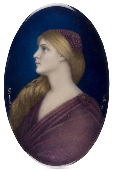 A Limoges enamel portrait plaque of a maiden, by Pierre Bonnaud, c.1890, depicted with cap and long flowing hair, signed P. Bonnaud and Limoges, unframed, 17cm high, 11cm wide