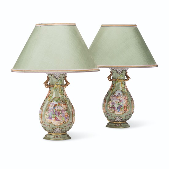 A PAIR OF CHINESE EXPORT MANDARIN PATTERN FAMILLE ROSE SHAPED VASES LATER MOUNTED AS LAMPS