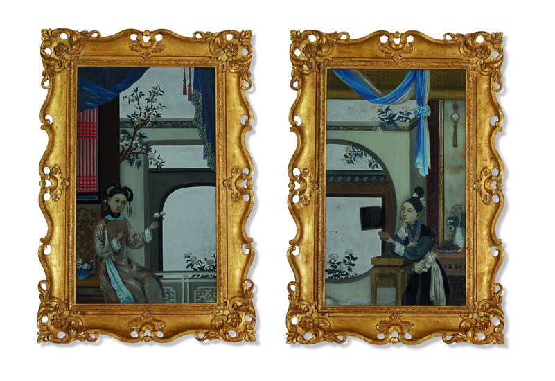 A PAIR OF CHINESE EXPORT MIRROR PAINTINGS OF LADIES IN PAVILION INTERIORS, QING DYNASTY, LAST QUARTER 18TH CENTURY
