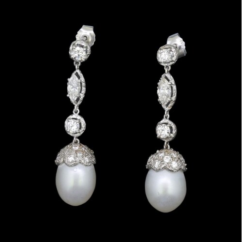 A PAIR OF CULTURED PEARL AND DIAMOND DROP EARRINGS, Each art...