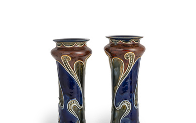 A PAIR OF DOULTON ENAMELED CERAMIC VASES, TOGETHER WITH ANOTHER PAIR, CIRCA 1920-1930; SLIGHTLY WORN, VERY MINOR DIFFERENCE IN HEIGHT (4)
