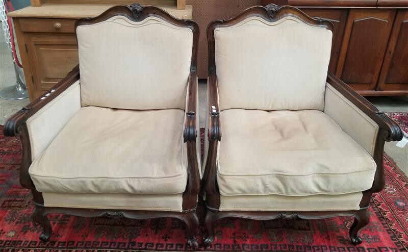 A PAIR OF FRENCH STYLE LOUNGE CHAIRS