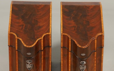 A PAIR OF GEORGE III MAHOGANY KNIFE BOXES. of serpentine for...