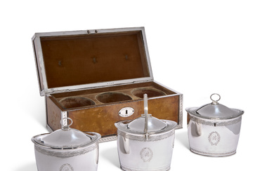 A PAIR OF GEORGE III SILVER TEA CADDIES AND A...
