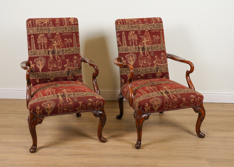 A PAIR OF GEORGE III STYLE MAHOGANY FRAMED SHEPHERD’S CROOK OPEN ARMCHAIRS (2)