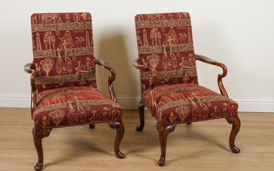 A PAIR OF GEORGE III STYLE MAHOGANY FRAMED SHEPHERD’S CROOK OPEN ARMCHAIRS (2)