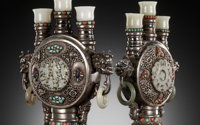 A PAIR OF MONGOLIAN GEMSTONE-INLAID AND JADE-MOUNTED SILVER CANDLE HOLDERS