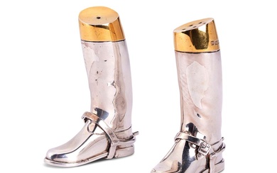 A PAIR OF SILVER AND SILVER-GILT MOUNTED HUNTING BOOT SALT AND PEPPER SHAKERS