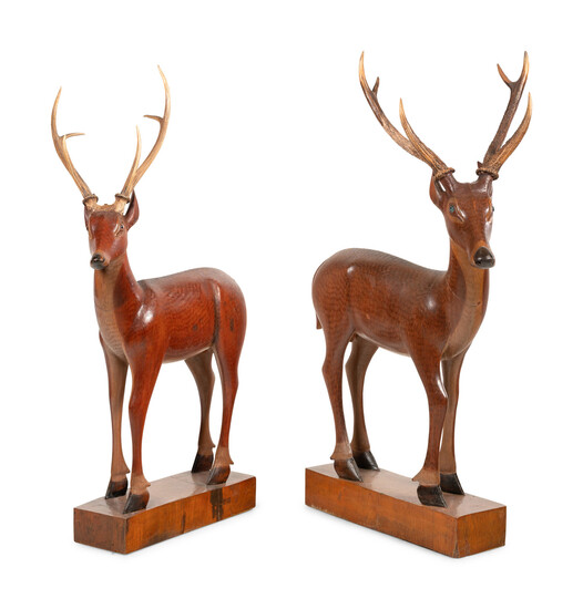 A Pair of Carved Fruitwood and Antler Mounted Models of Deer