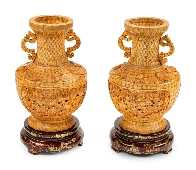 A Pair of Chinese Export Bone Veneered Vases on Painted