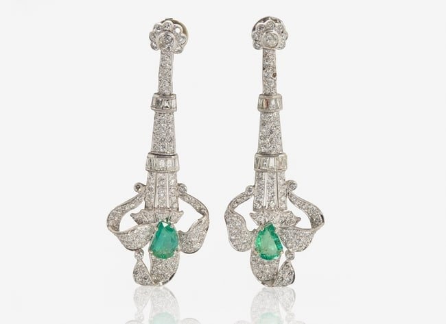 A Pair of Diamond and Emerald Earrings