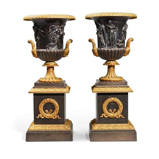 A Pair of French Gilt and Patinated Bronze Models of the Borghese Vase, on Pedestals, Late 19th Century