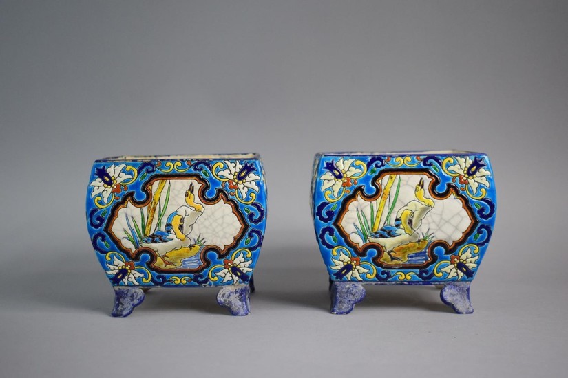 A Pair of French Longwy Faience Vases of Squat Square Form o...