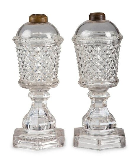 A Pair of Molded Glass Whale Oil Lamps