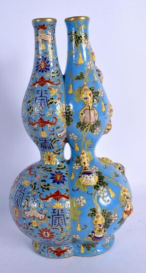 A RARE CHINESE IMITATION CLOISONNE CONJOINED VASE 20th