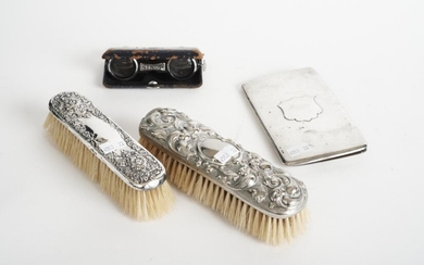 A RECTANGULAR STERLING SILVER CIGARETTE CASE, ONE STERLING SILVER MOUNTED AND ONE SILVER PLATE MOUNTED HAIR BRUSH AND A PAIR OF SINO...