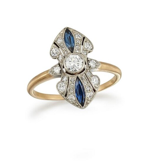 A SAPPHIRE AND DIAMOND DRESS RING The elongated